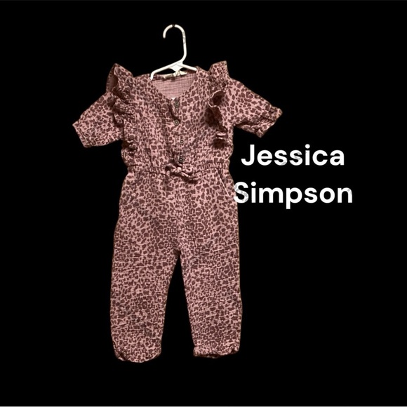 JESSICA SIMPSON GIRLS JUMPSUIT SIZE 3T.  PINK ANIMAL PRINT, GENTLY WORN - Picture 1 of 2